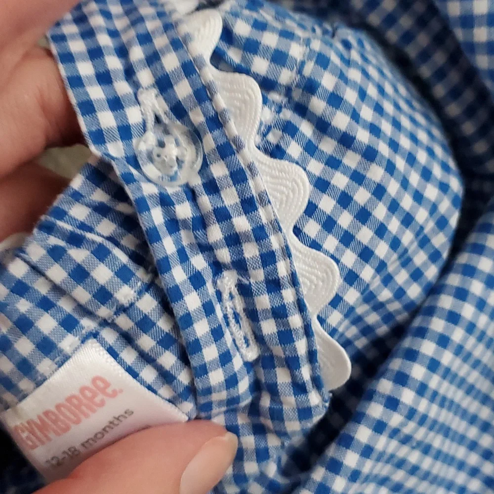 Gymboree Baby Girls Blue White Ginham Ric Rac Flower Sunsuit Romper Sz12-18m